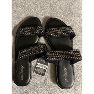 West Loop Cushion Insole Rhinestone Strap Slide Sandals Women's SM (5/6) Black